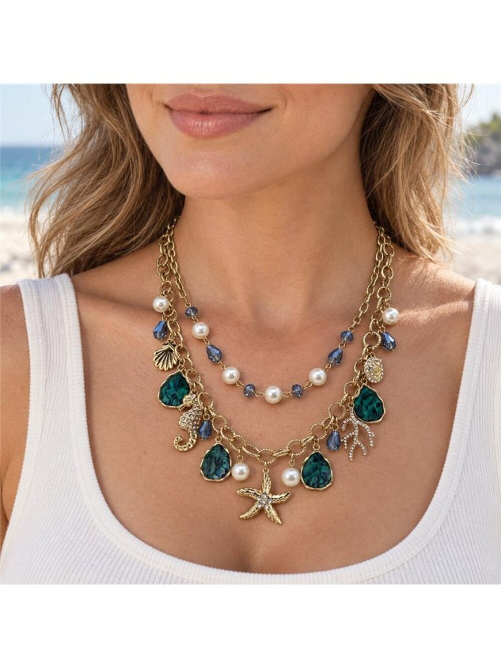 Gold Tone Green Enamel Sea Life Charm Necklace Double Strand Layered 20 In